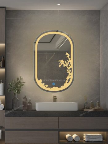 Etchingborderedgeledbathroommirrorglow Warmwhitelight Oval01 1.jpeg | LightMirror.in