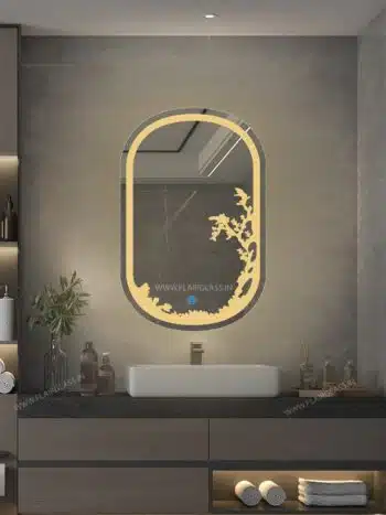 Etchingborderedgeledbathroommirrorglow Warmwhitelight Oval01 1.jpeg | LightMirror.in