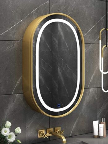 OvalGlow Gold LED Mirror Cabinet | Solid Wood | Lightmirror.in