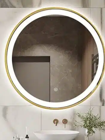 Keuna Gold Metal Framed Round LED Mirror - Dimmable Vanity Mirror - Framed LED Mirror | LightMirror.in