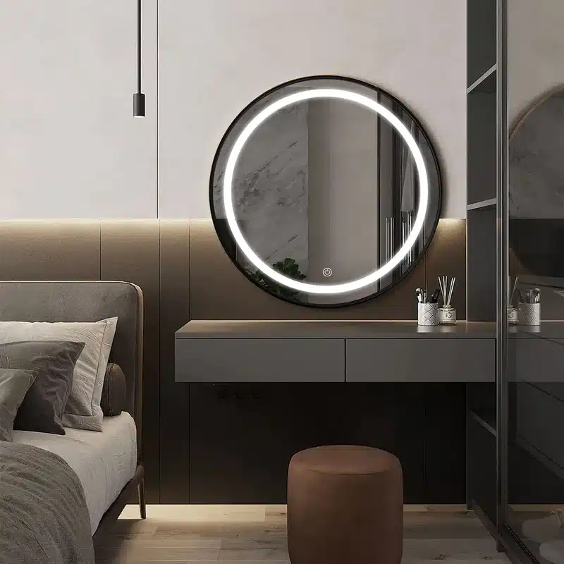 Keuna-Metal-Framed-Round-LED-Mirror-1-1.webp Keuna Round LED Mirror | Metal Frame | Dimmable - Framed LED Mirror | LightMirror.in