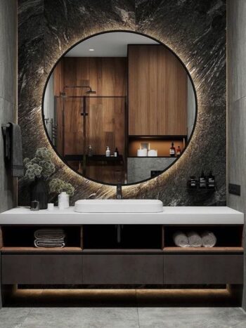 Keuna Wood Framed Round Backlit 3-Color LED Mirror - Bathroom Mirror | LightMirror.in