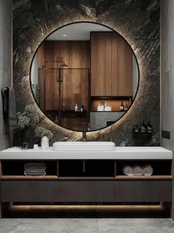 Keuna Wood Framed Round Backlit 3-Color LED Mirror - Bathroom Mirror | LightMirror.in
