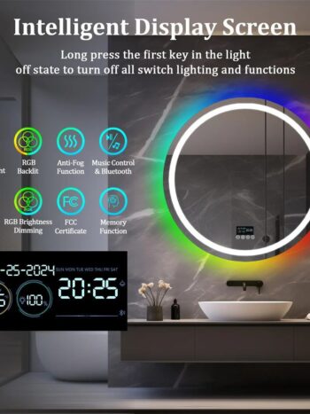 Round Smart RGB LED Bathroom Mirror with Bluetooth Speaker, Anti-Fog, and Dimmable L - Uncategorized | LightMirror.in