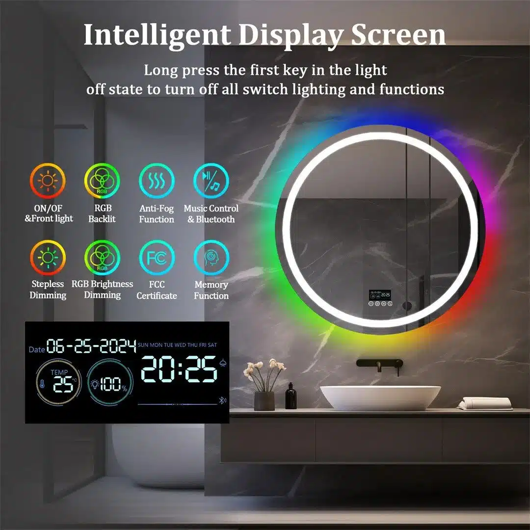 Round Smart RGB LED Bathroom Mirror with Bluetooth Speaker, Anti-Fog, and Dimmable L - Uncategorized | LightMirror.in