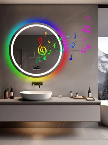 Round Smart RGB LED Bathroom Mirror with Bluetooth Speaker, Anti-Fog, and Dimmable L