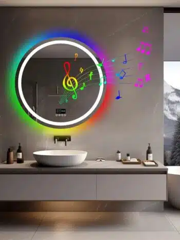 Round Smart RGB LED Bathroom Mirror with Bluetooth Speaker, Anti-Fog, and Dimmable L