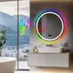 Round Smart RGB LED Bathroom Mirror with Bluetooth Speaker, Anti-Fog, and Dimmable L