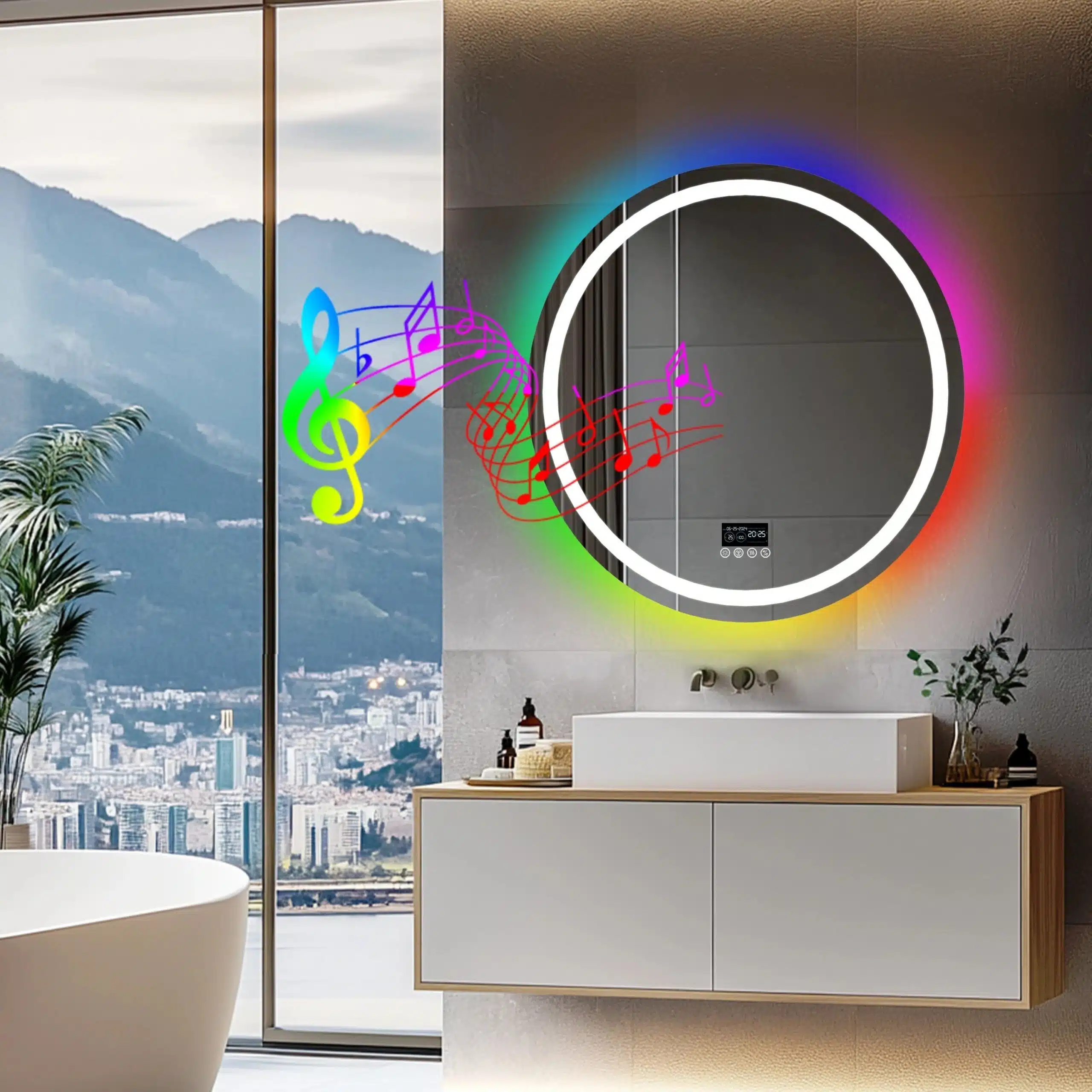 Round Smart RGB LED Bathroom Mirror with Bluetooth Speaker, Anti-Fog, and Dimmable L - Uncategorized | LightMirror.in