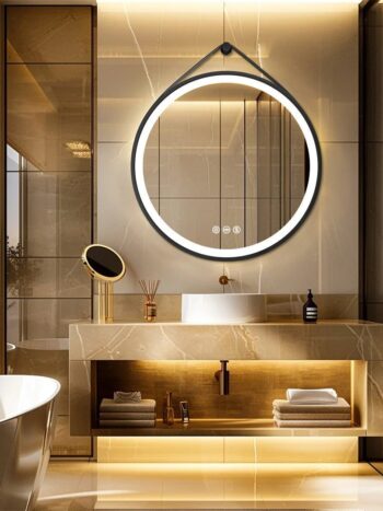 Radiant Halo Round LED Bathroom Mirror with Anti-Fog, Dimmable Lighting, and Leather Strap