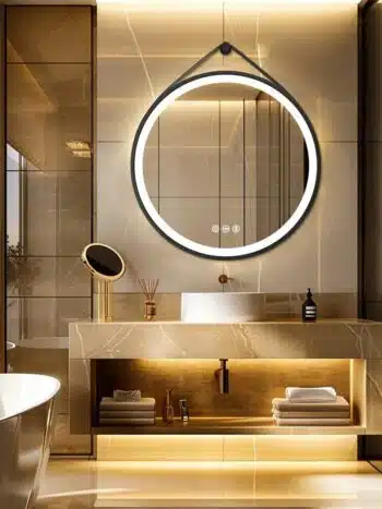 Radiant Halo Round LED Bathroom Mirror with Anti-Fog, Dimmable Lighting, and Leather Strap