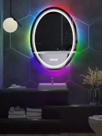 Spectrum Glow Round LED Bathroom Mirror – RGB Backlit, Anti-Fog, and Dimmable Lighting