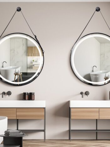 Radiant Halo Frame Round Mirror with Anti-Fog, Dimmable Lighting, and Touch Controls With Rope