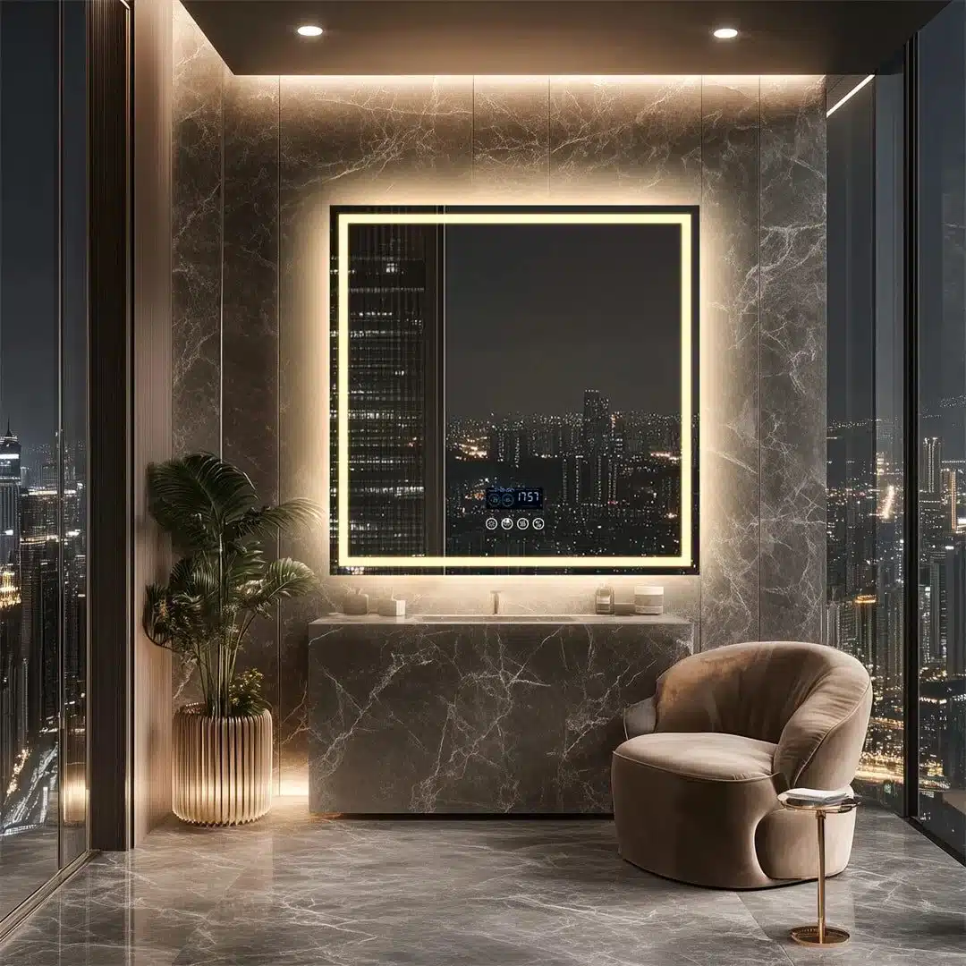 36" Square LED Bathroom Mirror with Bluetooth Speaker, Anti-Fog, and Dimmable Lighting - Bluetooth Mirrors | LightMirror.in