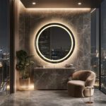 36″ Round LED Bathroom Mirror with Bluetooth Speaker, Anti-Fog, and Dimmable Lighting