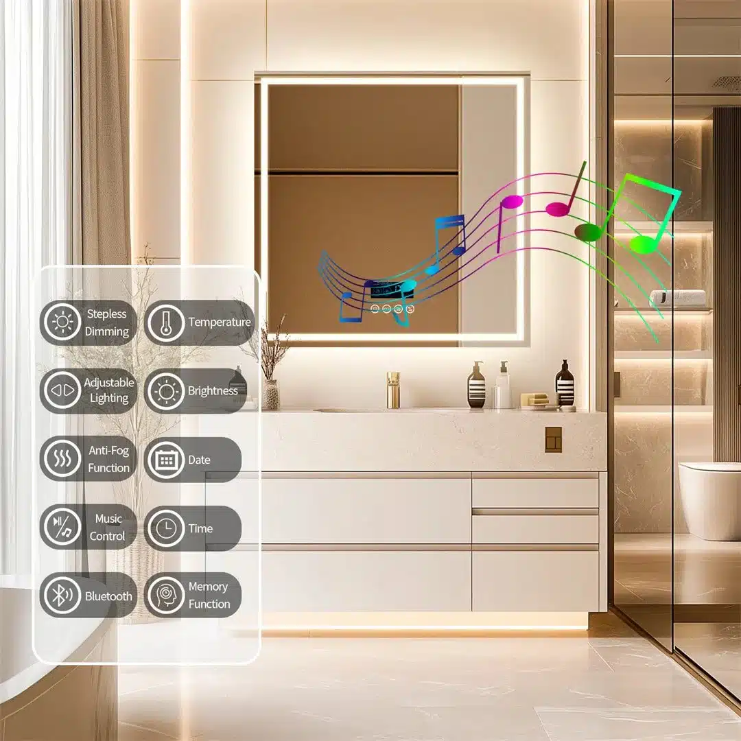 36" Square LED Bathroom Mirror with Bluetooth Speaker, Anti-Fog, and Dimmable Lighting - Bluetooth Mirrors | LightMirror.in