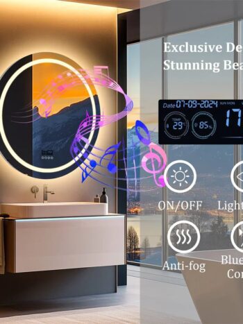 36" Round LED Bathroom Mirror with Bluetooth Speaker, Anti-Fog, and Dimmable Lighting