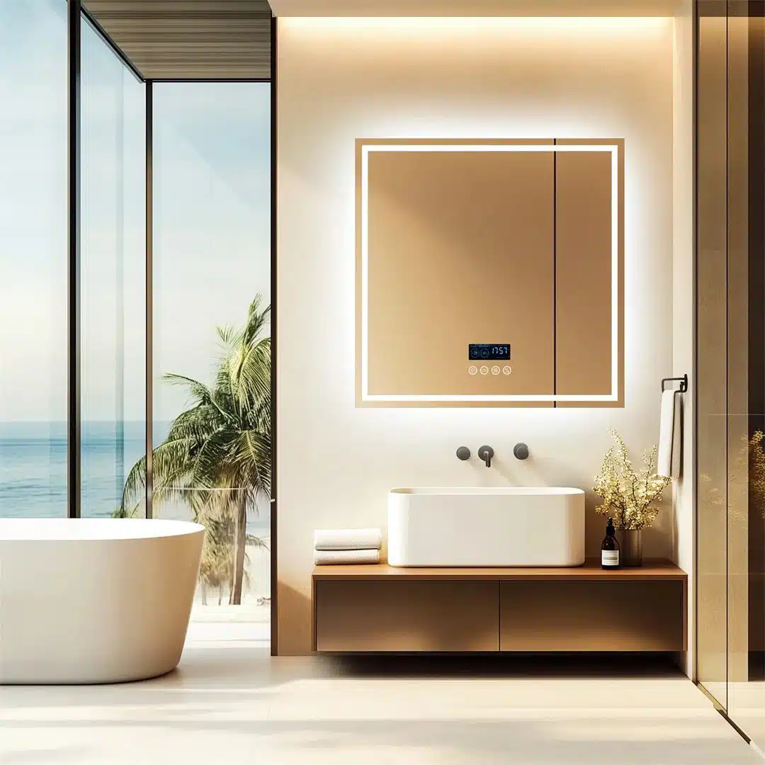 36" Square LED Bathroom Mirror with Bluetooth Speaker, Anti-Fog, and Dimmable Lighting - Bluetooth Mirrors | LightMirror.in