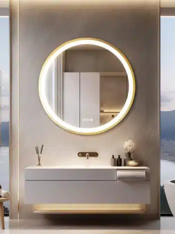 Golden Frame Round Bathroom Mirror with Anti-Fog and Smart LED Features