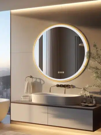 Golden Frame Round Bathroom Mirror with Anti-Fog and Smart LED Features - Bluetooth Mirrors | LightMirror.in