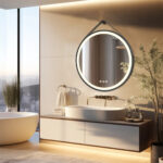 Radiant Halo Round LED Bathroom Mirror with Anti-Fog, Dimmable Lighting, and Leather Strap