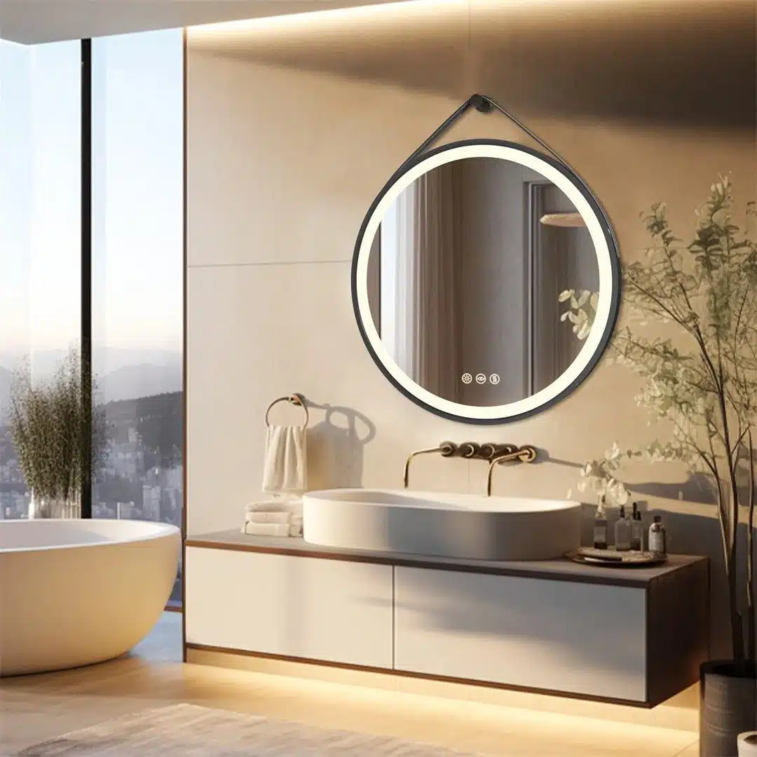 Radiant Halo Round LED Bathroom Mirror with Anti-Fog, Dimmable Lighting, and Leather Strap - Bluetooth Mirrors | LightMirror.