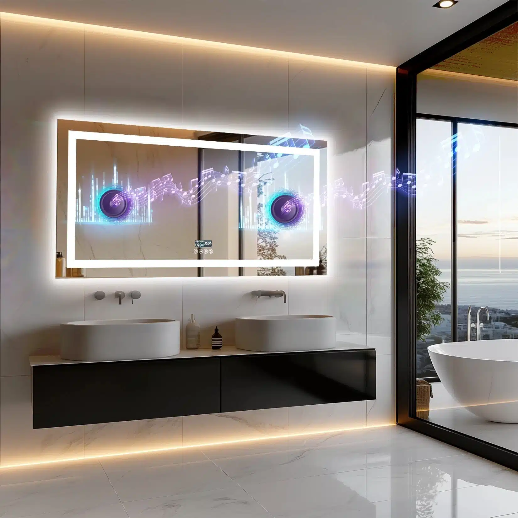 Smart LED Bathroom Mirror with Bluetooth Speaker, Anti-Fog, and Dimmable Lighting