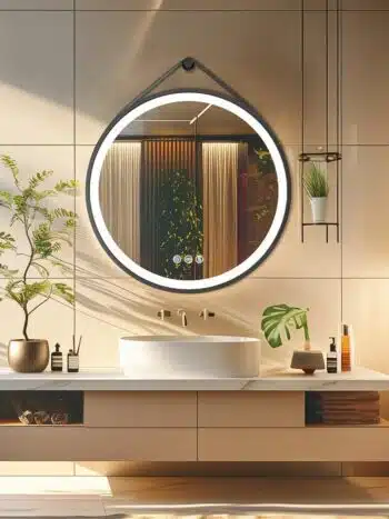 Radiant Halo Round LED Bathroom Mirror with Anti-Fog, Dimmable Lighting, and Leather Strap - Bluetooth Mirrors | LightMirror.