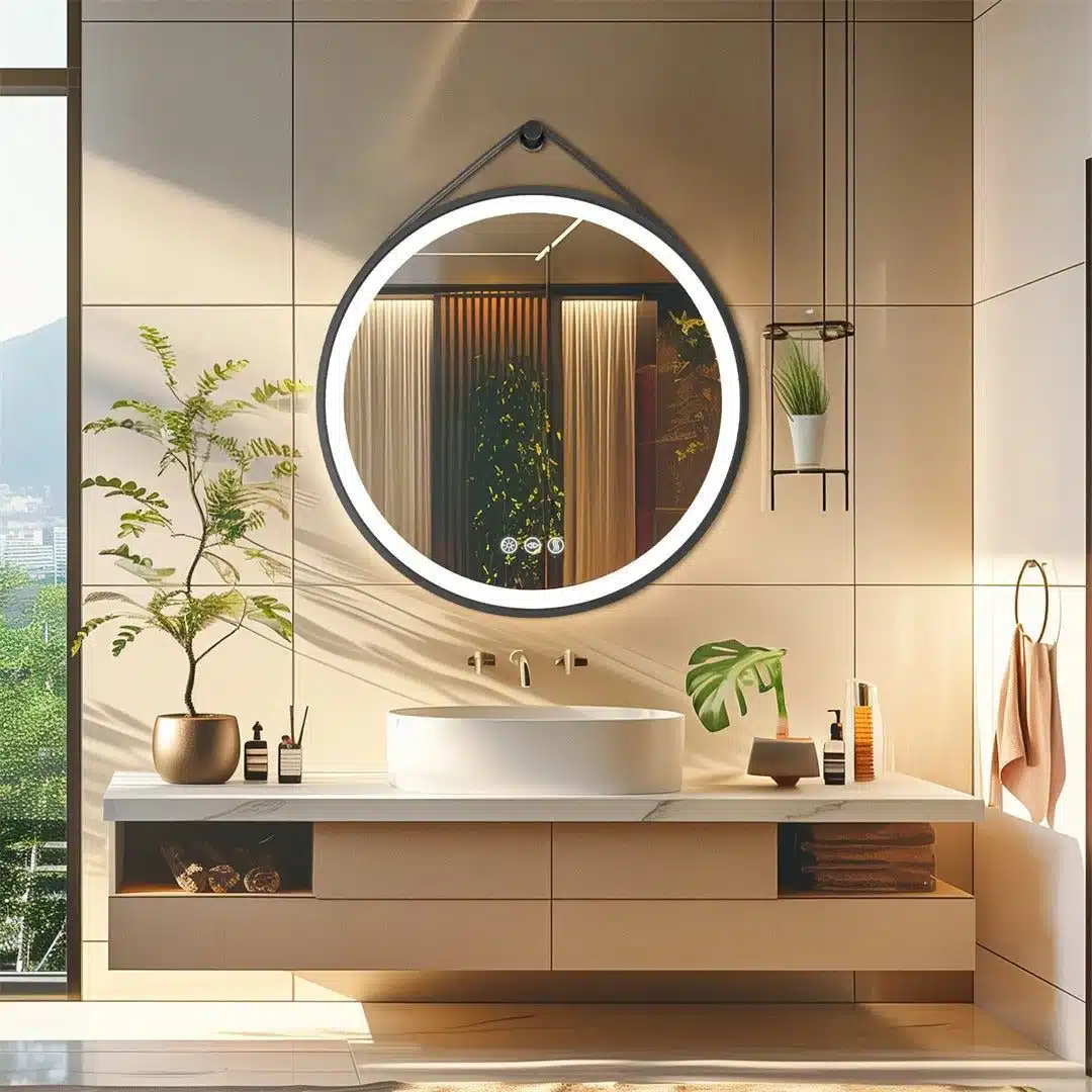 Radiant Halo Round LED Bathroom Mirror with Anti-Fog, Dimmable Lighting, and Leather Strap - Bluetooth Mirrors | LightMirror.