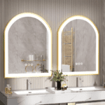 Frontlit Arched LED Illuminated Bathroom Mirror with Gold Frame and Anti-Fog