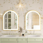 Frontlit Arched LED Illuminated Bathroom Mirror with Gold Frame and Anti-Fog