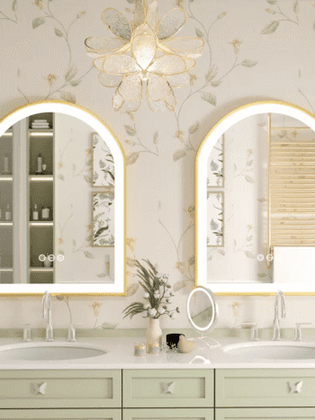 Frontlit Arched LED Illuminated Bathroom Mirror with Gold Frame and Anti-Fog