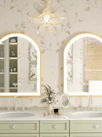 Frontlit Arched LED Illuminated Bathroom Mirror with Gold Frame and Anti-Fog