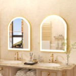 Frontlit Arched LED Illuminated Bathroom Mirror with Gold Frame and Anti-Fog