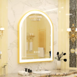 Frontlit Arched LED Illuminated Bathroom Mirror with Gold Frame and Anti-Fog