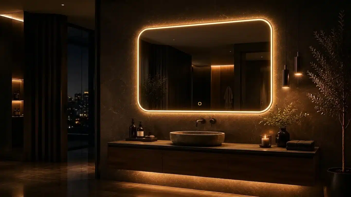 Illuminated LED bathroom mirror above a floating walnut vanity in a dark luxury bathroom
